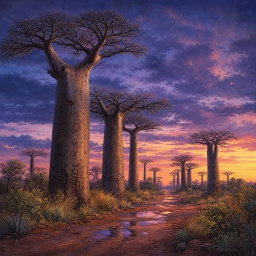 Avenue of baobab trees at golden hour