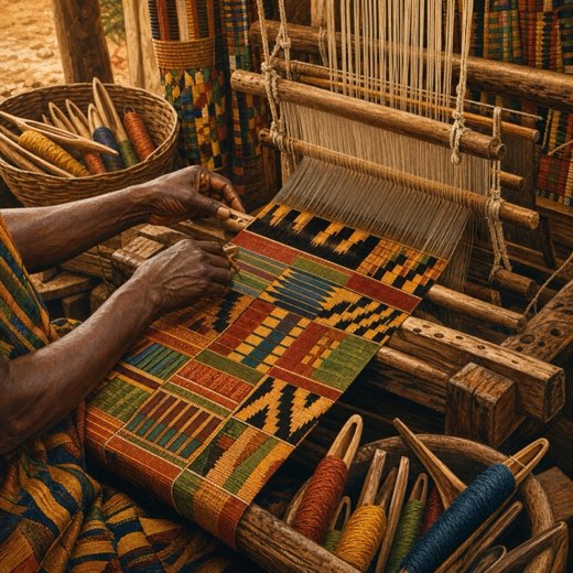 Kente cloth being woven on a wooden loom